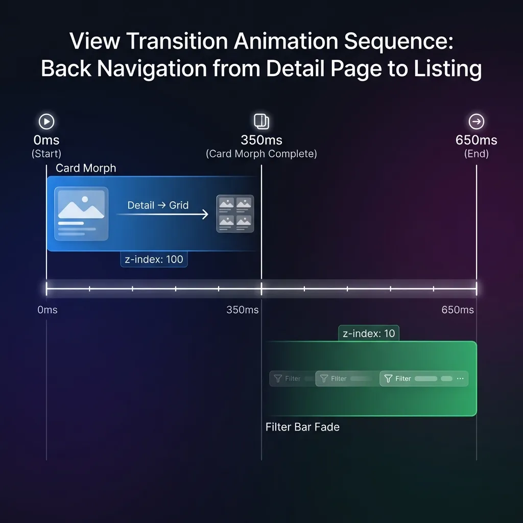 Animation timeline showing card morph at 0-350ms and filter bar fade at 350-650ms