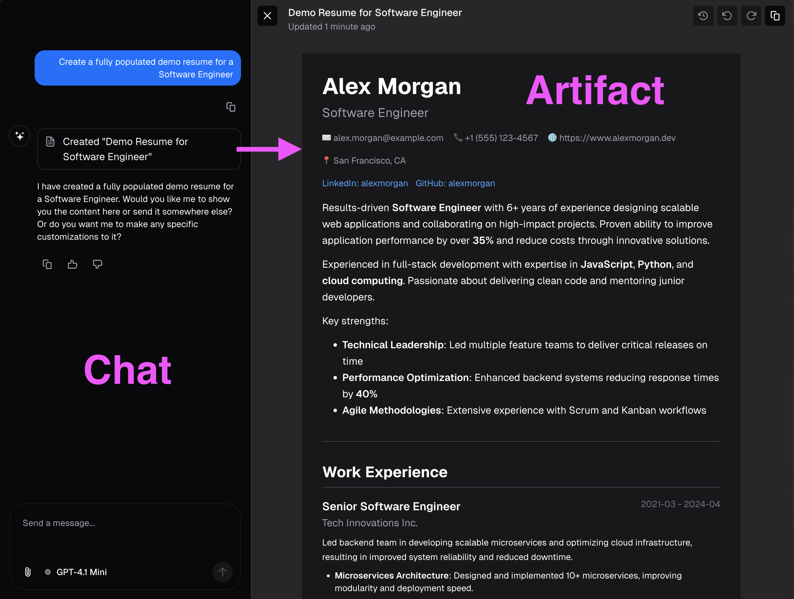 Resume chatbot interface orientation: left = chat pane, right = artifact pane